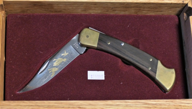 Model 110 Mallard Ducks in Flight Buck Knife in Wood Case with Matching Etched Marble Lift Top - Number 0833 or 1000