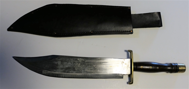 Large Knife with Brass End and Hand Guard in Leather Sheath - Measures 18