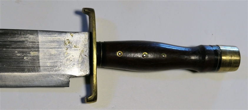 Large Knife with Brass End and Hand Guard in Leather Sheath - Measures 18