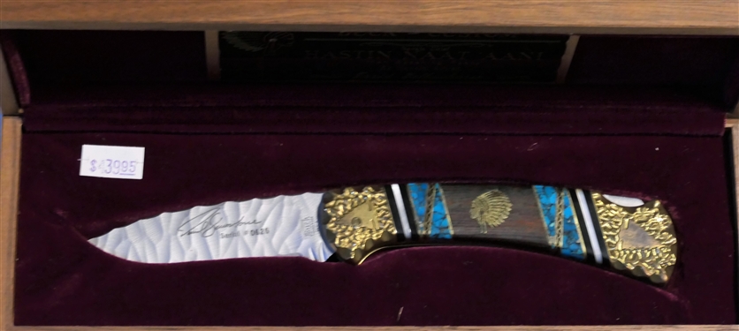 Special Limited Edition Buck Knife Chief Hastin Naat'aani by David Yellowhorse Number 0626 of 2500 - Turquoise Inlay on Handle - In Fitted Wood Case with Outer Cardboard Sleeve