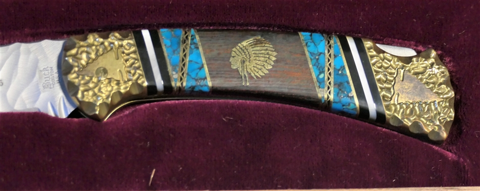 Special Limited Edition Buck Knife Chief Hastin Naat'aani by David Yellowhorse Number 0626 of 2500 - Turquoise Inlay on Handle - In Fitted Wood Case with Outer Cardboard Sleeve
