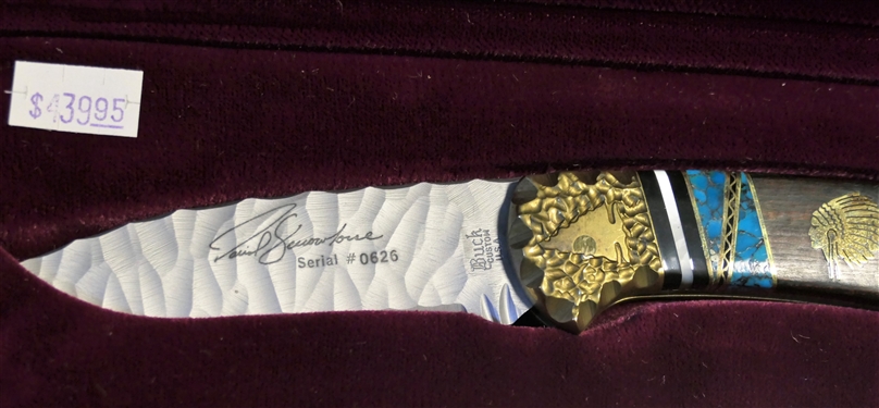 Special Limited Edition Buck Knife Chief Hastin Naat'aani by David Yellowhorse Number 0626 of 2500 - Turquoise Inlay on Handle - In Fitted Wood Case with Outer Cardboard Sleeve