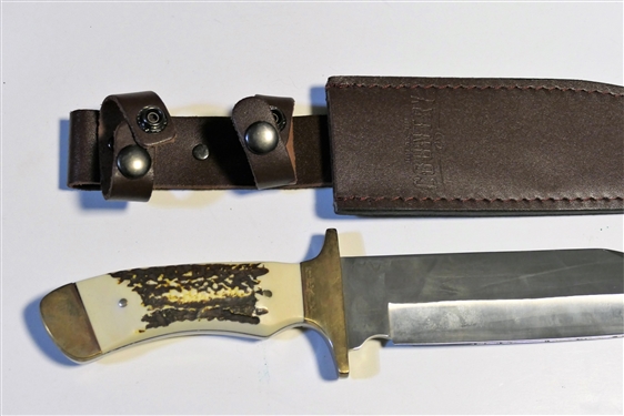 Break Up Country Large Knife in Leather Sheath - Stag Handle - Measures 14 Long