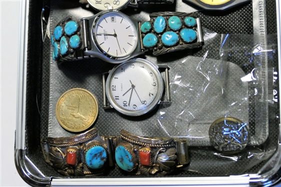 Vaultz CD Holder with 2 Sterling Silver and Turquoise Watch Bands, 1994 Wild Turkey Stamp, and Watches - Timex, Geneva
