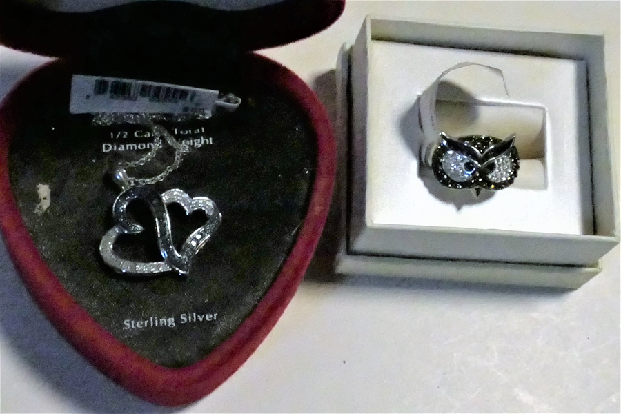Sterling Silver Heart Pendant with 1/2 Carat Total Diamond Weight of Diamonds - NEW and Sterling Silver Crystal Owl Ring - Size 7 - NEW