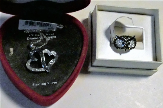 Sterling Silver Heart Pendant with 1/2 Carat Total Diamond Weight of Diamonds - NEW and Sterling Silver Crystal Owl Ring - Size 7 - NEW