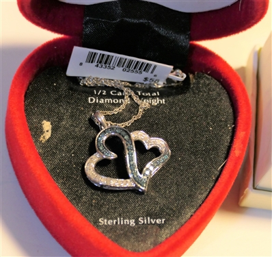 Sterling Silver Heart Pendant with 1/2 Carat Total Diamond Weight of Diamonds - NEW and Sterling Silver Crystal Owl Ring - Size 7 - NEW