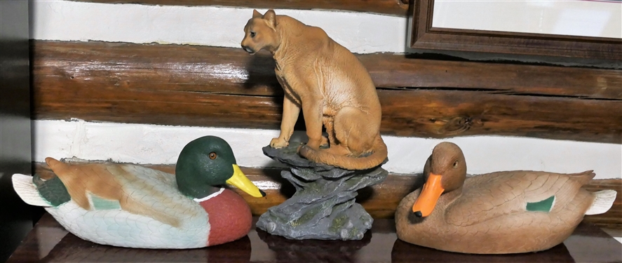 2 Decorative Resin Ducks and Mountain Lion Statue - Ducks Measure 14 Beak to Tail Mountain Lion 13 1/2 Tall
