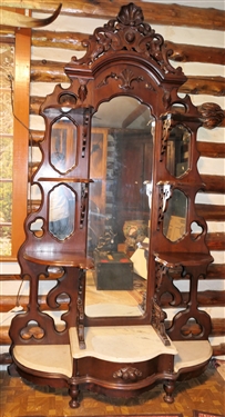 Walnut Victorian Pier Mirror / Étagère with Drawer - Marble on Bottom - Fruit Carved Pull on Drawer - Shelves Graduate - Measures 89 tall 44 Wide