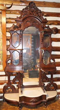 Walnut Victorian Pier Mirror / Étagère with Drawer - Marble on Bottom - Fruit Carved Pull on Drawer - Shelves Graduate - Measures 89 tall 44 Wide