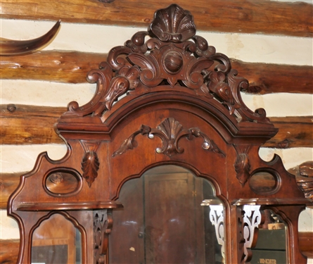 Walnut Victorian Pier Mirror / Étagère with Drawer - Marble on Bottom - Fruit Carved Pull on Drawer - Shelves Graduate - Measures 89 tall 44 Wide