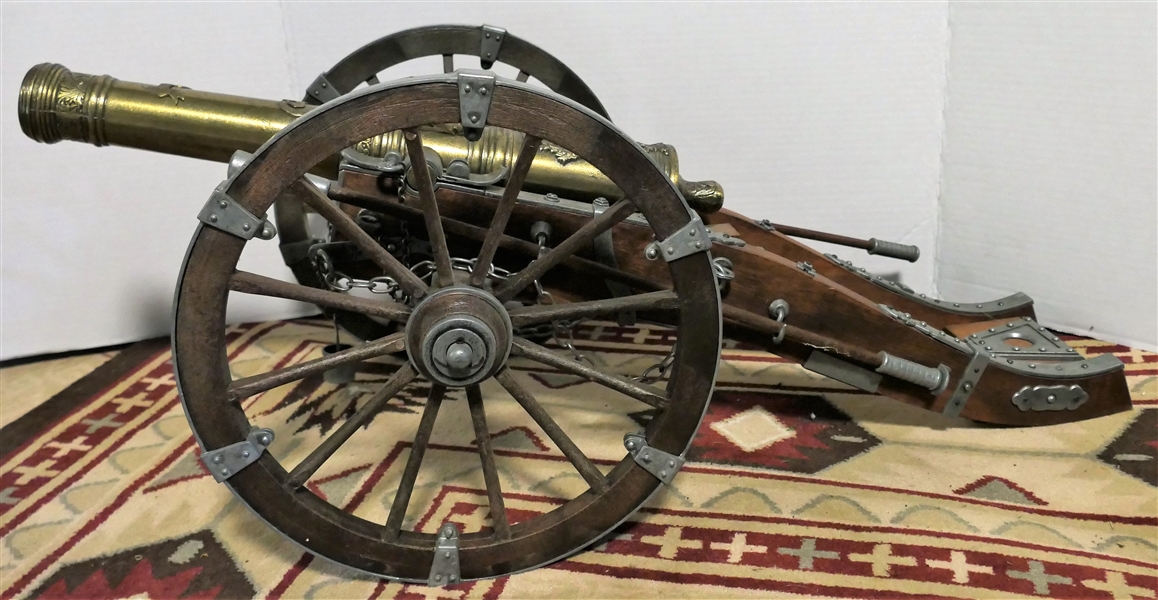 Brass Cannon Replica on Wood and Metal Cart with Wheels - Cannon Measures 18" Long Cart Measures 11" tall 30" Long