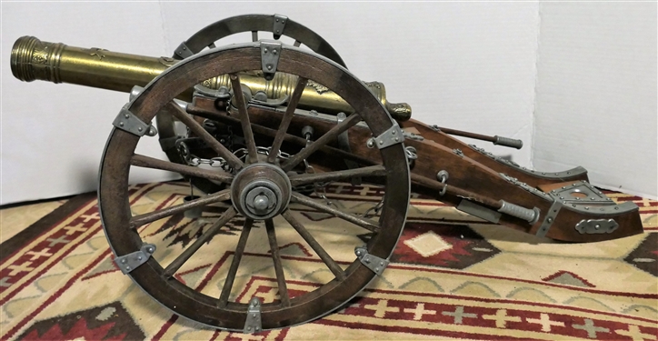 Brass Cannon Replica on Wood and Metal Cart with Wheels - Cannon Measures 18 Long Cart Measures 11 tall 30 Long