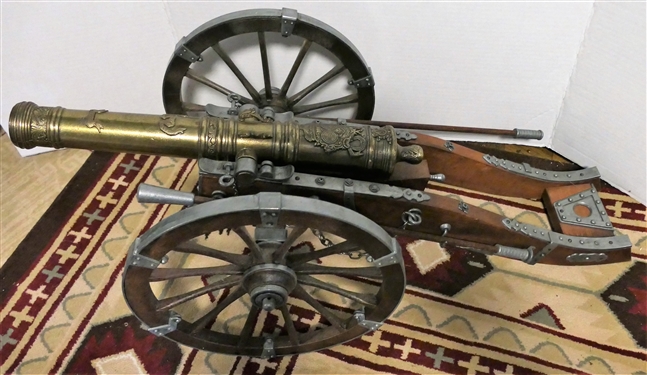Brass Cannon Replica on Wood and Metal Cart with Wheels - Cannon Measures 18 Long Cart Measures 11 tall 30 Long