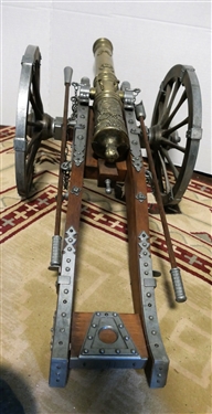 Brass Cannon Replica on Wood and Metal Cart with Wheels - Cannon Measures 18 Long Cart Measures 11 tall 30 Long