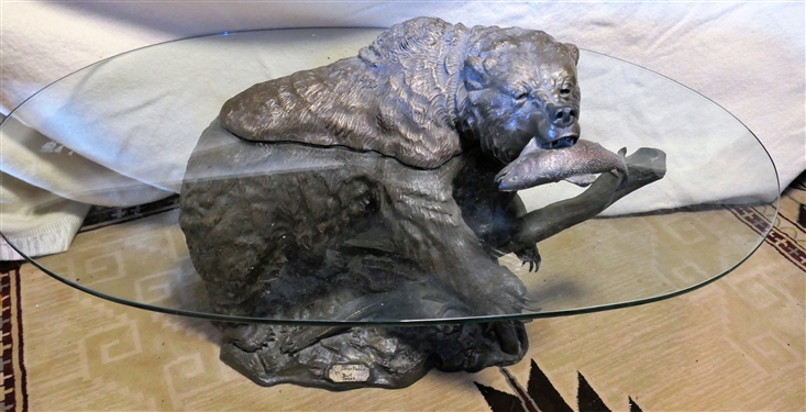 Gone Fishin by Burl Jones - Resin Bear Coffee Table with Glass Top - Bear is in 2 Pieces to Appear Table is Floating Around Him - Measures 16 1/2 to Table Top - 46 by 26