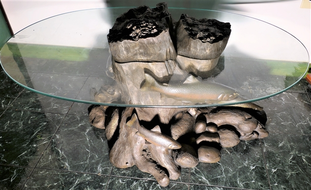 Awesome Resin Fish and Log Floating Table with Stones, Reel and Fishing Fly- Top Appears to Float - Measures - 16 tall 46 by 28