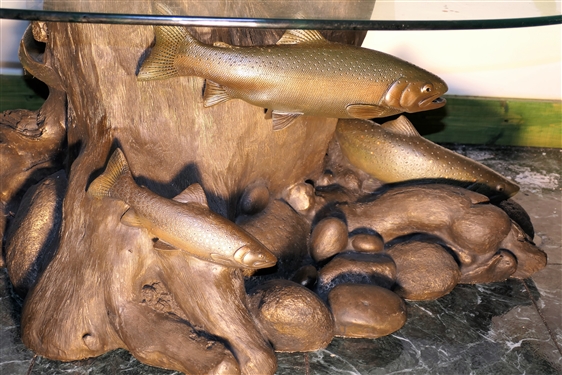 Awesome Resin Fish and Log Floating Table with Stones, Reel and Fishing Fly- Top Appears to Float - Measures - 16 tall 46 by 28