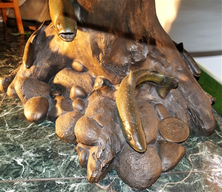 Awesome Resin Fish and Log Floating Table with Stones, Reel and Fishing Fly- Top Appears to Float - Measures - 16 tall 46 by 28