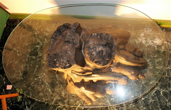 Awesome Resin Fish and Log Floating Table with Stones, Reel and Fishing Fly- Top Appears to Float - Measures - 16 tall 46 by 28