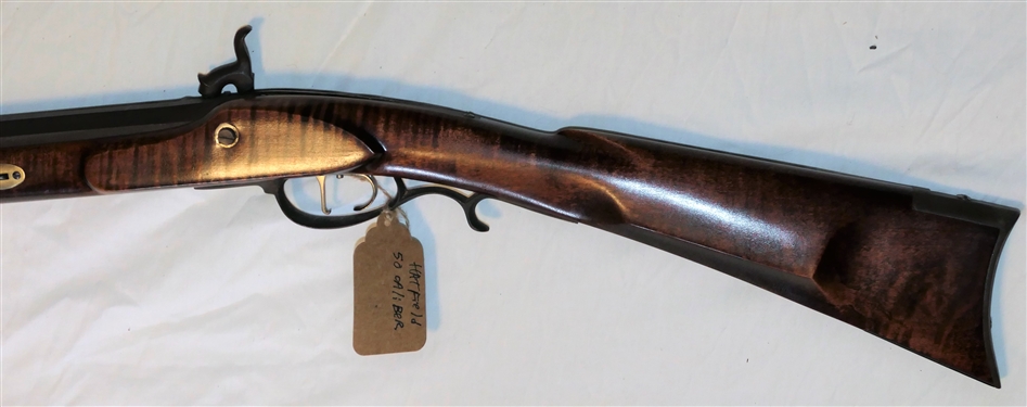 Hatfield .50 Caliber Black Powder Long Rifle - Beautiful Flame Mahogany Wood Stock - Some Rust on Ram Rod and Underside of Barrel