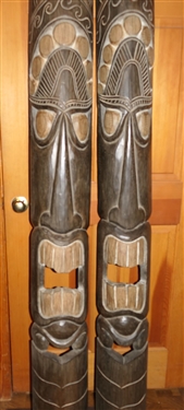 Pair of Indonesian Wood Carved Hanging Totems - Measuring 78 Tall