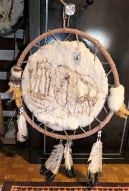 Painted War Shield - Hand Made - with Leather and Fur - Measures 24 1/2 Across