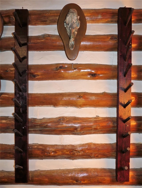 Pair of Wood Wall Hooks - 10 Pegs Per Board and Replica Camo Colored Skull Plaque to hold Antlers- Each Board Measures 48"