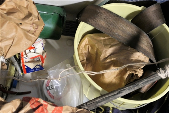Foot Locker and Contents including Lures, Gas Mask, Folding Stand, Etc. - Front Handle is Broken