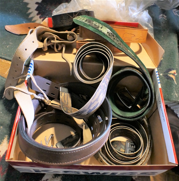 Lot of Belts and Straps including Green Snake Skin, Embossed Skulls and Bears, Thompson Center Arms Gun Sling, and Light