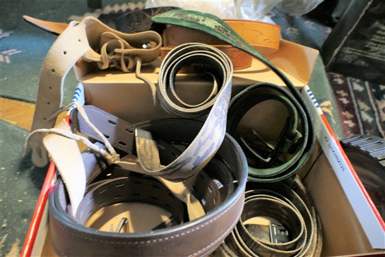 Lot of Belts and Straps including Green Snake Skin, Embossed Skulls and Bears, Thompson Center Arms Gun Sling, and Light