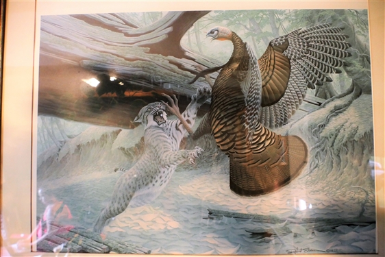 Turkey and Bob Cat Print - Artist Richard Sloan - Framed and Matted - Frame Measures - 27 by 32 - Overall Sun Fading