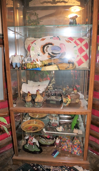 Contents of Cabinet including Turkey Platter, Beanie Baby, Cat Figures, Cowboy Santas, Pipe, Deer Figures, and More