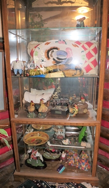 Contents of Cabinet including Turkey Platter, Beanie Baby, Cat Figures, Cowboy Santa's, Pipe, Deer Figures, and More