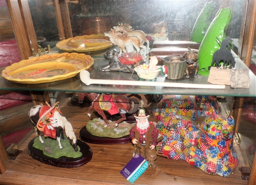 Contents of Cabinet including Turkey Platter, Beanie Baby, Cat Figures, Cowboy Santa's, Pipe, Deer Figures, and More