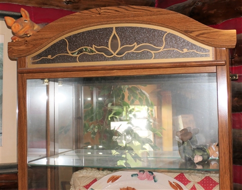 Lighted Oak Display Cabinet with Glass Shelves - Measures 75 tall 30 by 13