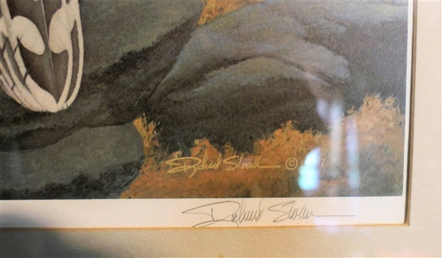 Richard Sloan 1997 Signed and Numbered 119/600 Hawk Print - Framed and Matted - Some Fading - Frame Measures 32 by 27 1/2