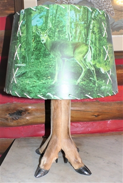 Deer Hoof Lamp with Deer Scene Shade - Measures 21 Tall