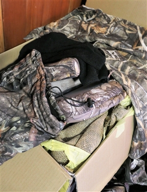 Lot of Hunting Clothes, Blinds, Cushions, Etc. Including Dog House Blind with Bag and Instructions