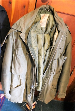 Like New 2XL Carhart Jacket with Green G, Military Heavy Coat, and Vest with Virginia Trappers Association Patches
