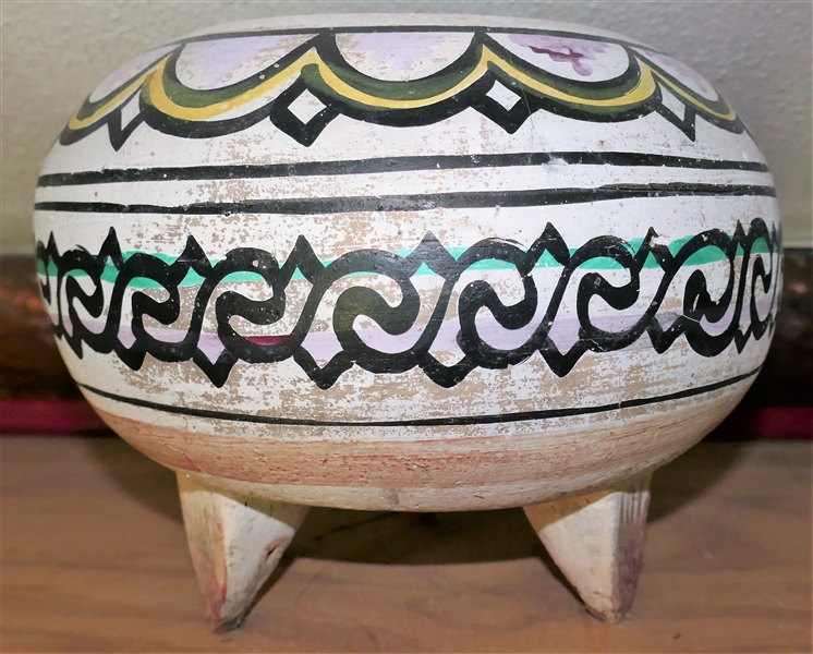 Footed Mexican Clay Planter - with Blue Decoration Measures 11" Across 8 1/2" Tall