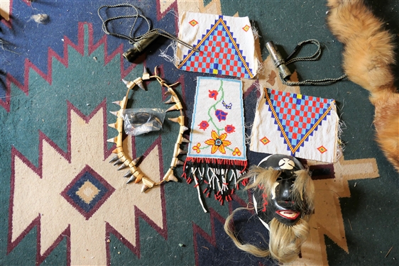 2 Calls, Bead Work, Claw Necklace, and Replica Mask with Hair Beard and Eyelashes - 1 Call Fawn Bleet and Doe Bleet