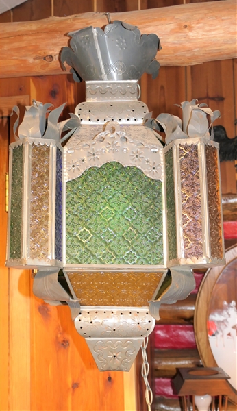 Pierced Metal and Glass Hanging Lamp - measures 24" Long