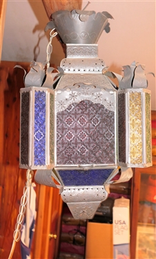Pierced Metal and Glass Hanging Lamp - measures 24 Long