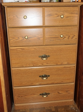 Faux Oak 5 Drawer Chest - Measures 47 tall 30 by 17
