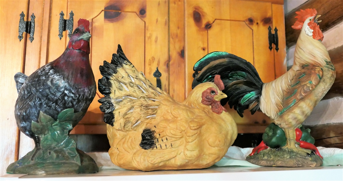 1 Ceramic Hen and Resin Hen and Rooster - Rooster Measures 12" tall