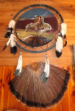 Hand Painted War Shield with Indian and Horse Scene Measures 25 Across and Turkey Tail
