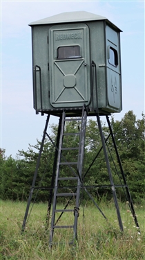 Redneck Fiberglass Hunting Blind on 10' Platform - Windows on all sides open, with Cupholder and Gun Rests - Door Side is 5' Across 6'6 Tall in Center of Interior - Foam Covered Walls and Door 