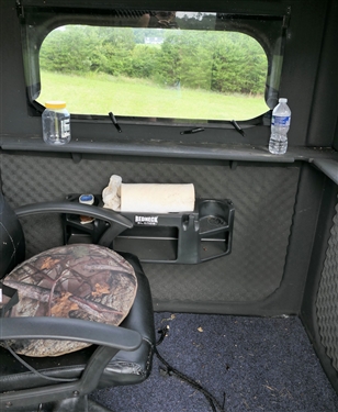 Redneck Fiberglass Hunting Blind on 10' Platform - Windows on all sides open, with Cupholder and Gun Rests - Door Side is 5' Across 6'6 Tall in Center of Interior - Foam Covered Walls and Door 