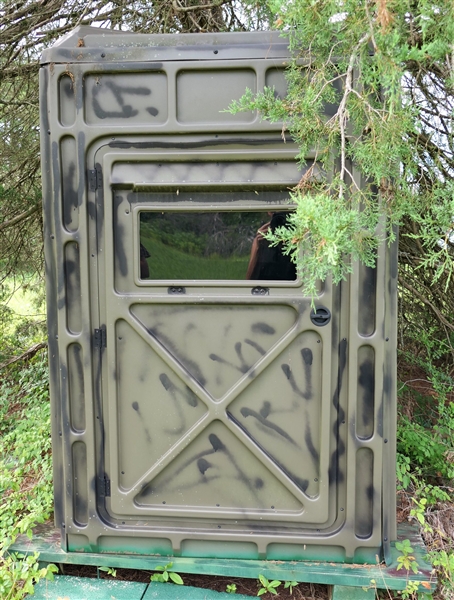 Plastic Hunting Blind with Opening Windows - Each Side Measures 47" Across 72" Tall - Carpeted Floor, on Wood Platform -Not Calculated in Height